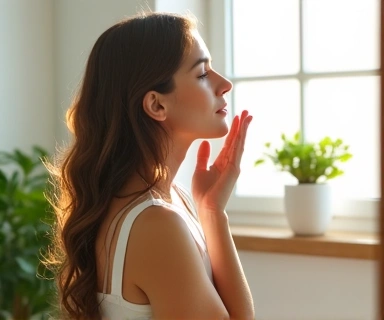 Woman enjoying peaceful moment with Nuviora natural skincare routine