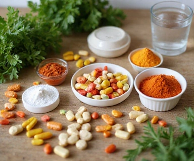 Natural vitamins and supplements arranged on a wellness table
