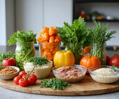 Nutritious meal prep with organic vegetables, proteins, and whole grains