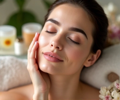 Woman applying natural moisturizing cream to her face in a spa setting
